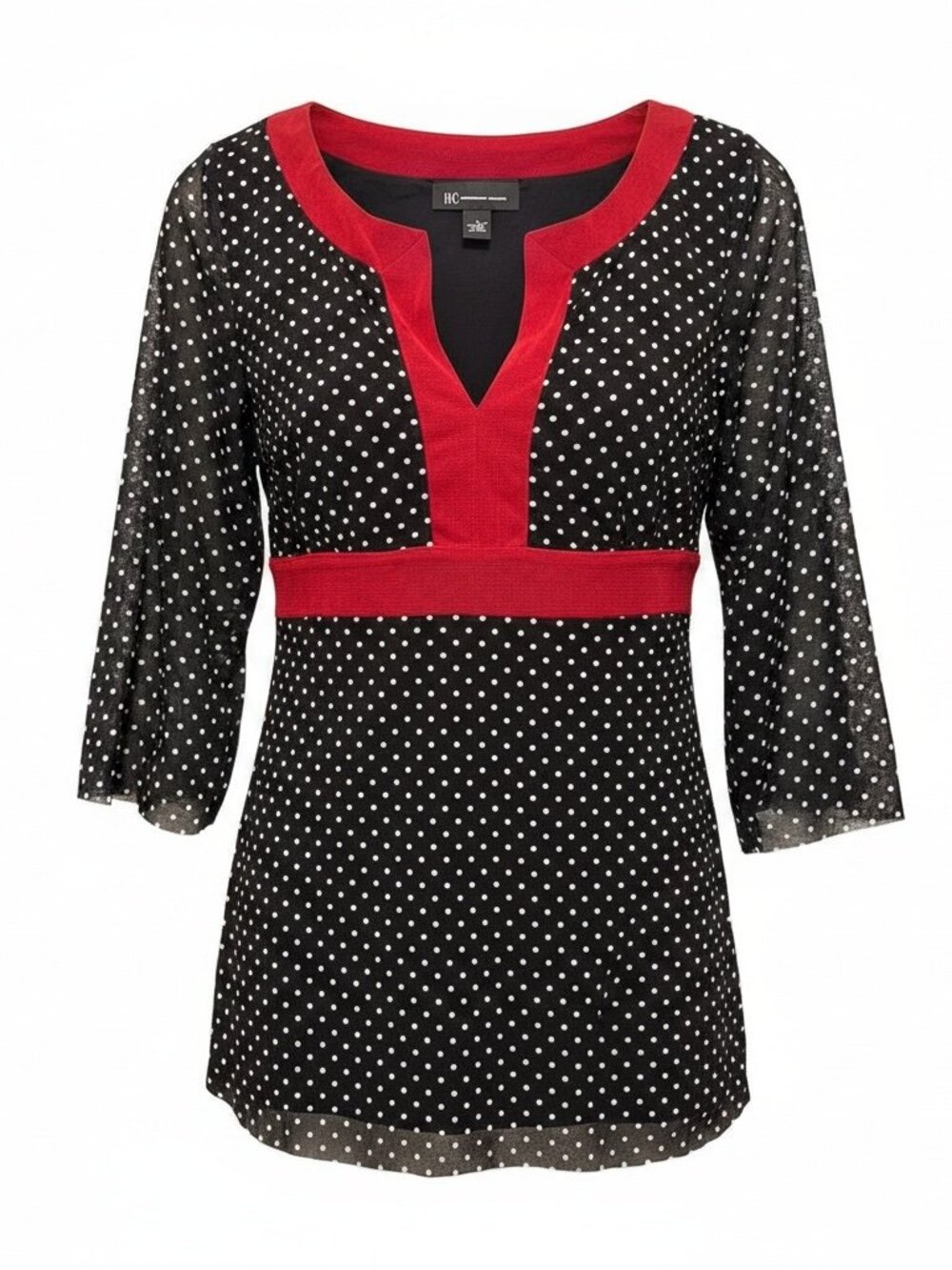 I.N.C. International Concepts Black W/White Polka Dot V-Neck Top/Blouse, Size L